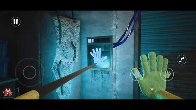 Game scene with hand cursor touching screen showing projected hand image.