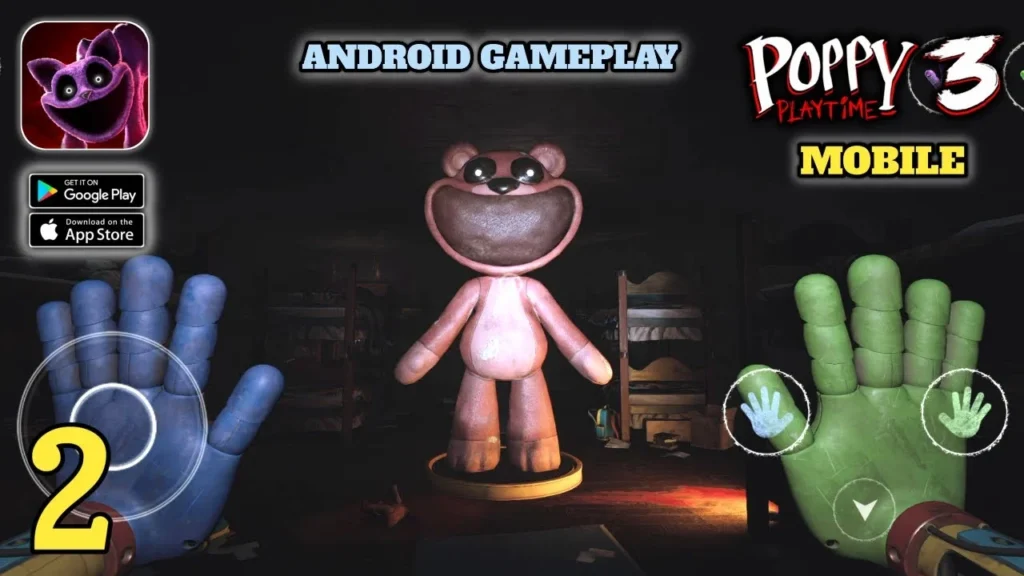 Poppy Playtime 3 Mod APK screenshot with pink bear, robot hands.
