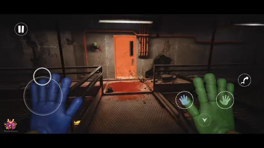 VR game scene with orange door, player’s hands in blue and green gloves.