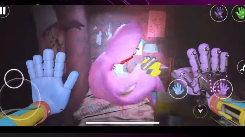 VR game screenshot with light purple creature and glove controls.